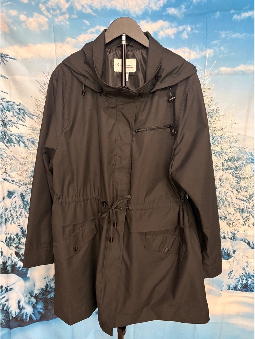 Two by Vince Camuto Women's XXL Black Hooded Rain Jacket with Drawstring Waist